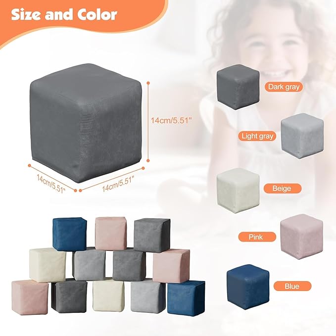12 PCS Modular Kids Play Block Couch Child Sectional Soft Sofa Toddler Building Fortplay Climbing Bedroom Playroom Baby Convertible Floor Foam Cushion for Boys & Girls (12pcs+Square)
