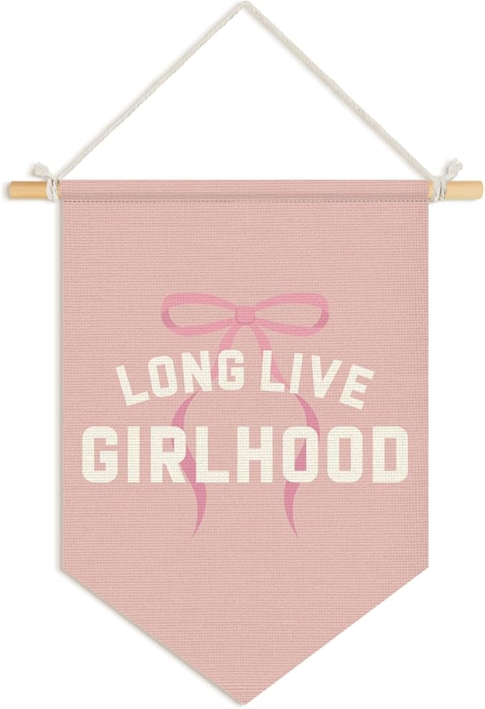 Wheatwin Girls Room Decor, Long Live Girlhood Wall Hanging Pennant Flag Banner, Coquette Pink Bow Preppy Wall Decor for Toddler Nursery Baby Girls Room Bedroom Dorm Apartment 15x11 Inch