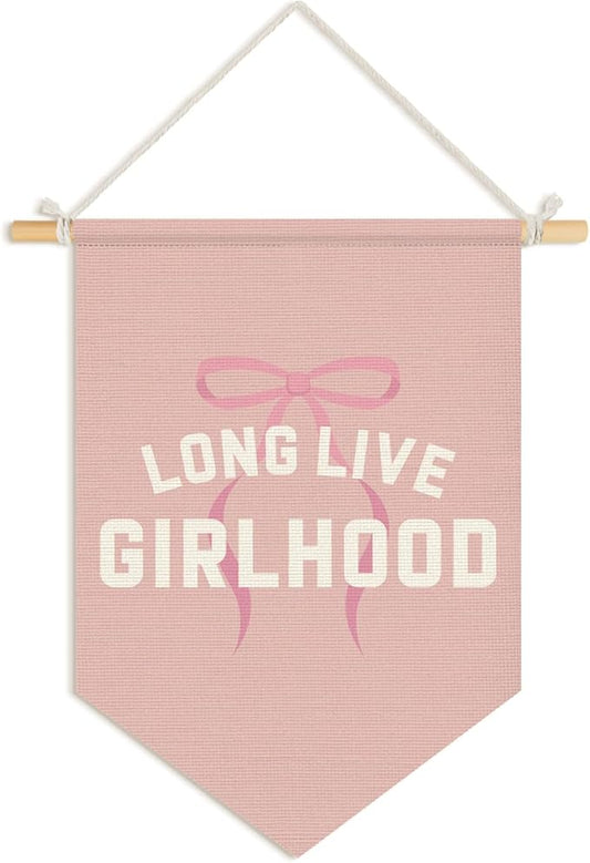 Wheatwin Girls Room Decor, Long Live Girlhood Wall Hanging Pennant Flag Banner, Coquette Pink Bow Preppy Wall Decor for Toddler Nursery Baby Girls Room Bedroom Dorm Apartment 15x11 Inch