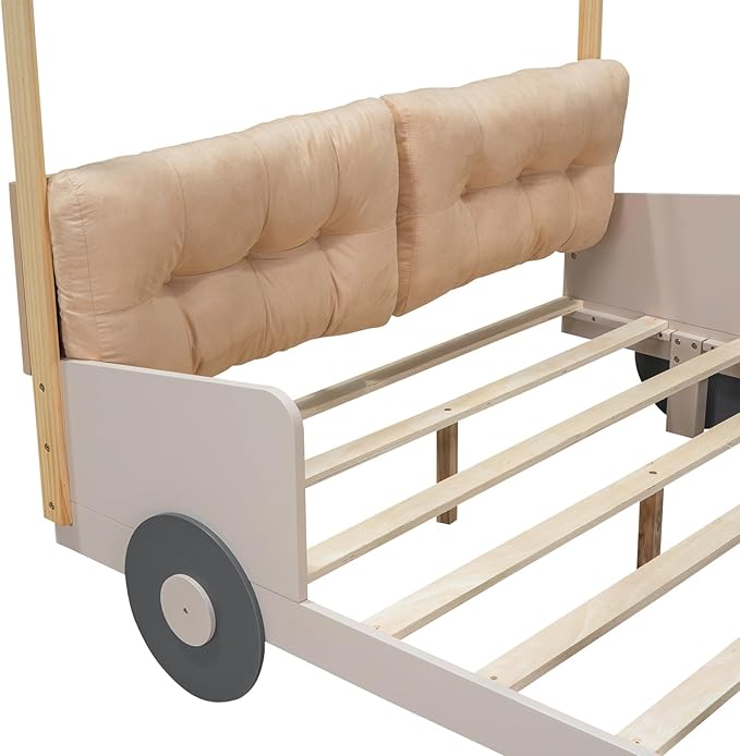 Merax Car Shaped Platform Bed for Kids Full Size, Solid Wood Bed Frame with Back Cushion & Ceiling Cloth, for Boys Girls Teens, Natural