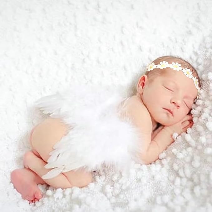 2PCS White Angel Feather Wings With Yellow Daisy Flower Headband Set For Newborn Infant Toddler Kids Baby Girls Photography Props Birthday Gift(Color C, One Size)