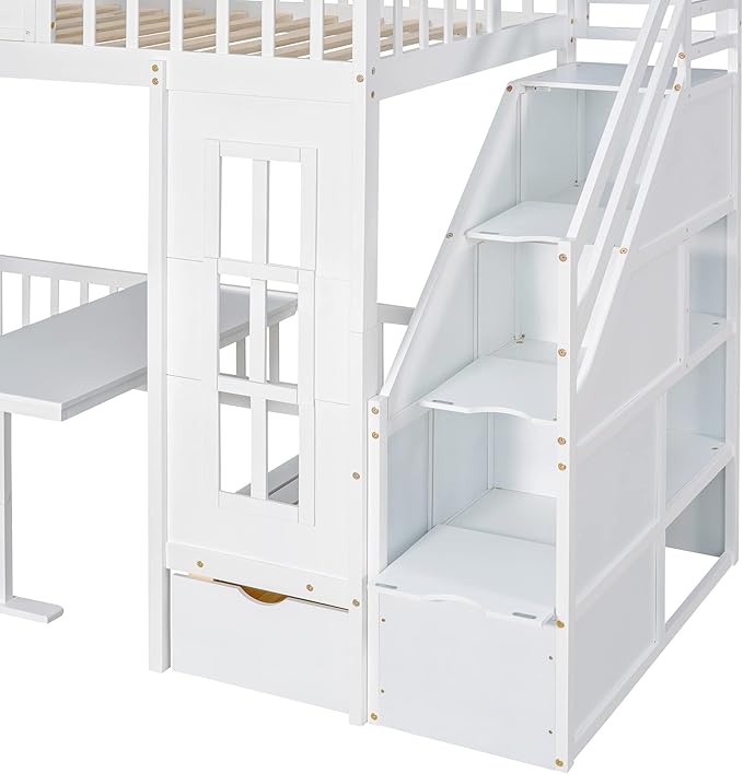 Playhouse Twin Size Loft Bed with Storage Staircase, Solid Wood Bunk Bed Frame with Guardrail for Kids Teens Boys Girls, Down Bed Convertible to Seats and Table Set (White-C)