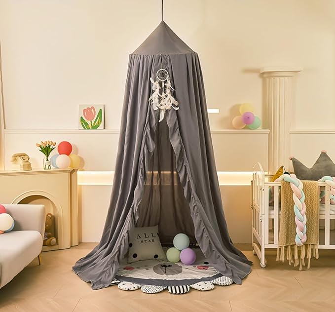 Mengersi Bed Canopy for Girls,Ruffled Canopy Bed Curtains Canopy for Girls Room,Hanging Canopy Princess Play Tent for Reading Nook Play Room Decor (Gray)