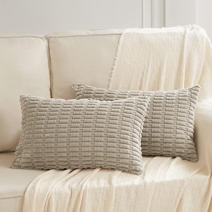 Fancy Homi 2 Packs Taupe Lumbar Decorative Throw Pillow Covers 12x20 Inch for Living Room Couch Bed Sofa, Rustic Farmhouse Boho Home Decor, Soft Striped Corduroy Rectangle Cushion Case 30x50 cm