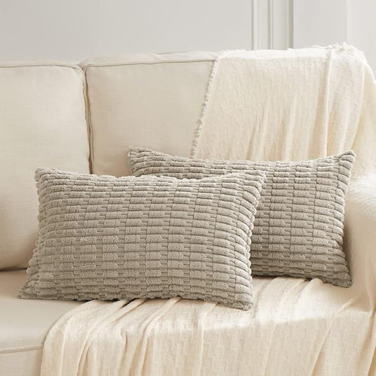 Fancy Homi 2 Packs Taupe Lumbar Decorative Throw Pillow Covers 12x20 Inch for Living Room Couch Bed Sofa, Rustic Farmhouse Boho Home Decor, Soft Striped Corduroy Rectangle Cushion Case 30x50 cm