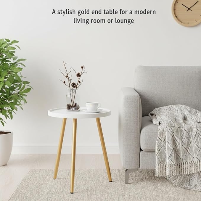danpinera Nursery Side Table, Metal Legged Mini Table with Wooden Tray, Small Round End Table for Living Room, Bedroom, Nursery, White & Gold