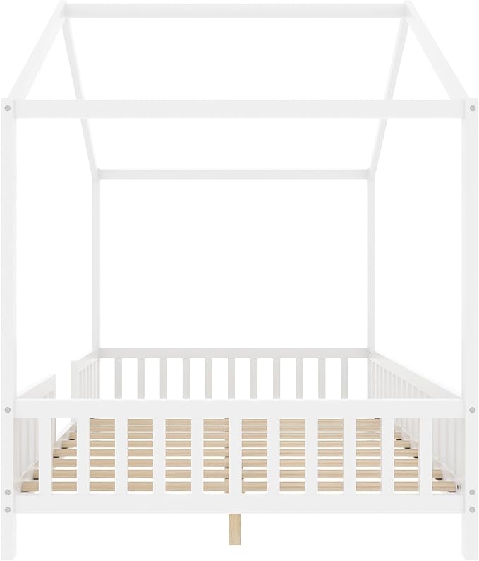 Montessori Floor Bed with Canopy, High Railings and Roof, Full Size Wood House Bed Frame for Kids Bedroom (White/C)