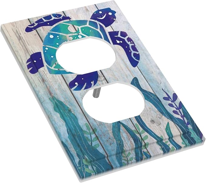 Sea Turtle Grass Seaweed on Rustic Wooden Board 1 Gang Duplex Outlet Covers Light Switch Cover Decorative Electrical Switchplate Ocean Grass Seaweed Faceplate for Bathroom Bedroom Home Decor