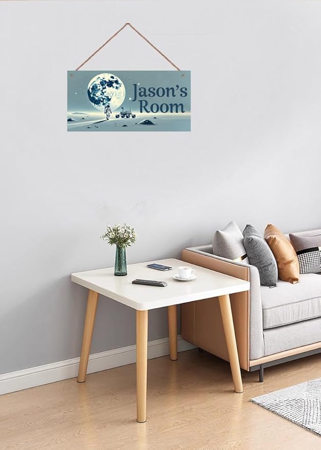 Personalized Name Door Sign Astronauts on the Moon Décor Wall Art Sign, Custom Wooden Signs Girl Name Hanging Décor For Kid Room