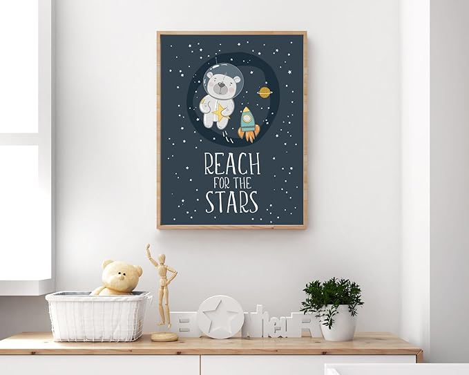 VUVUKU Space Nursery Print Themed Baby Boy Room Decor Outer Kids Wall Art Reach For The Stars Playroom Poster Toddler Sign
