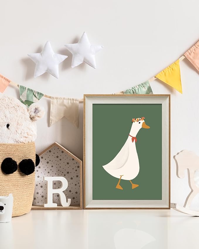 ARPEOTCY Framed Canvas Wall Art, 12x16 Inch Cute Goose with Flower Crown Print, Whimsical Farmhouse Animal Art for Bathroom, Kitchen, or Kids Room Decor