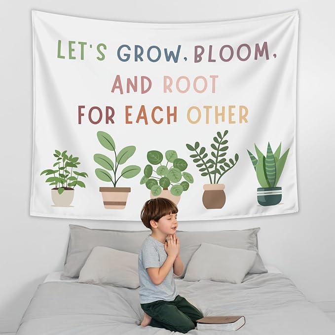 LIANGW Classroom Decor, Positive Affirmations Wall Decor, Boho Classroom Tapestry, Lets Grow Bloom And Root For Each Other, Nature Plant Education Wall Art Tapestries Wall Hanging 50x60 inches