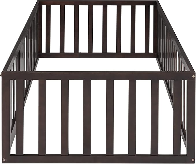Merax Twin Floor Bed with Safety Guardrails and Door, Wood Montessori Floor Bed Frame for Kids, Twin Playhouse Bed Frame for Baby Girls and Boys, Walnut