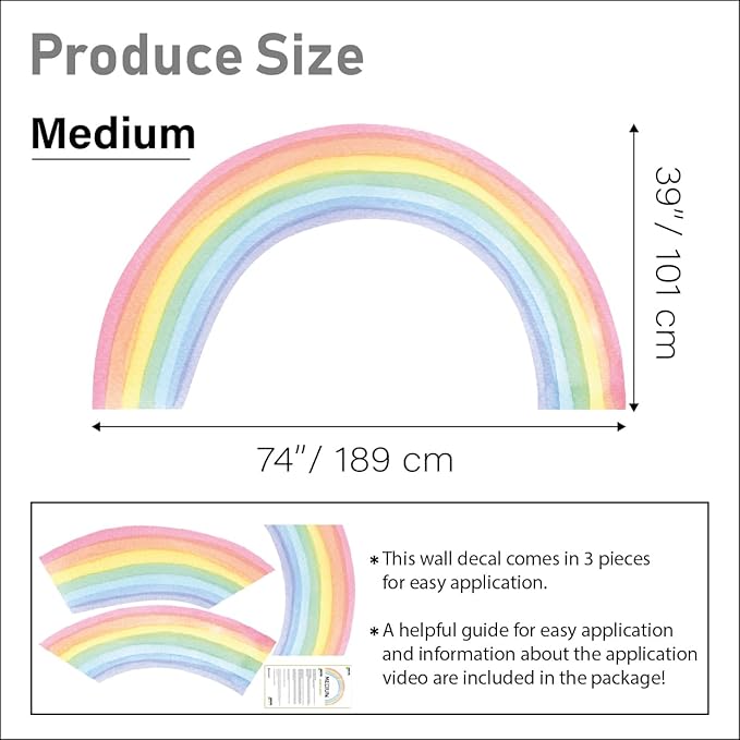 Watercolor Rainbow, Sun, Polka Dots Wall Decal for Kids Room, Nursery, Baby Room Decor, Polka Dots Mural, Rainbow Wallpaper (Rainbow, Medium)