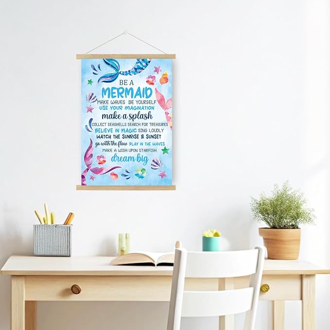 Qswo Mermaid Inspirational Wall Art,Teen Girl Wall Art Poster Hanger Frame,Motivational Hanging Canvas Wall Decor for Girls Room Dorm Nursery