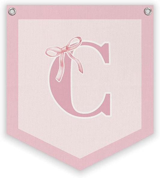 Lacama Initial Personalized Preppy Banner, Baby Girl Nursery Shower Decor Gifts, Coquette Pink Bow Teen Girl Gifts, Vintage Room Decor Toddler Room Bedroom Playroom Front Door Birthday Gift(C)