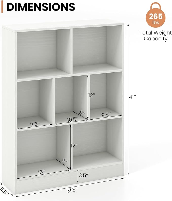 Costzon 7-Cube Bookshelf for Kids, Wooden Toy Storage Organizer w/ 2 Anti-Toppling Kits, 3 Tier Open Shelves & Non-Slip Foot Pads, Montessori Toy Shelf for Kids Rooms, Playroom, Classroom, Nursery