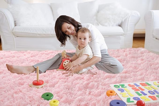 CAIYUECS Pink Area Rug for Girls Bedroom: Shag Rugs for Living Room - 4x6 Feet Non-Slip Modern Furry Faux Fur Rugs for Nursery Kids Room,Fuzzy Plush Rug for Dorm Home Decor