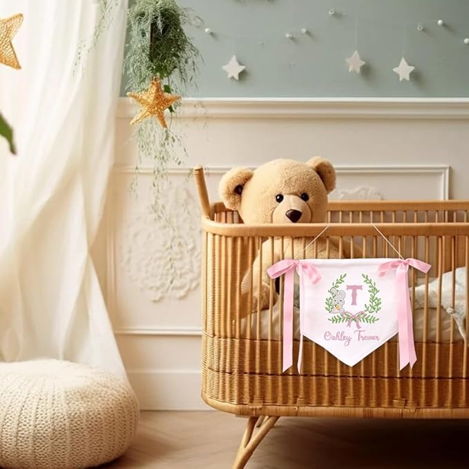 Embroidered Baby Name Sign Personalized Baby Announcement Sign Newborn Baby Banner with Bows Baby Hospital Name Sign Canvas Hanging Pennant Flag Custom Infant Baby Name Baby Shower Banner (02)