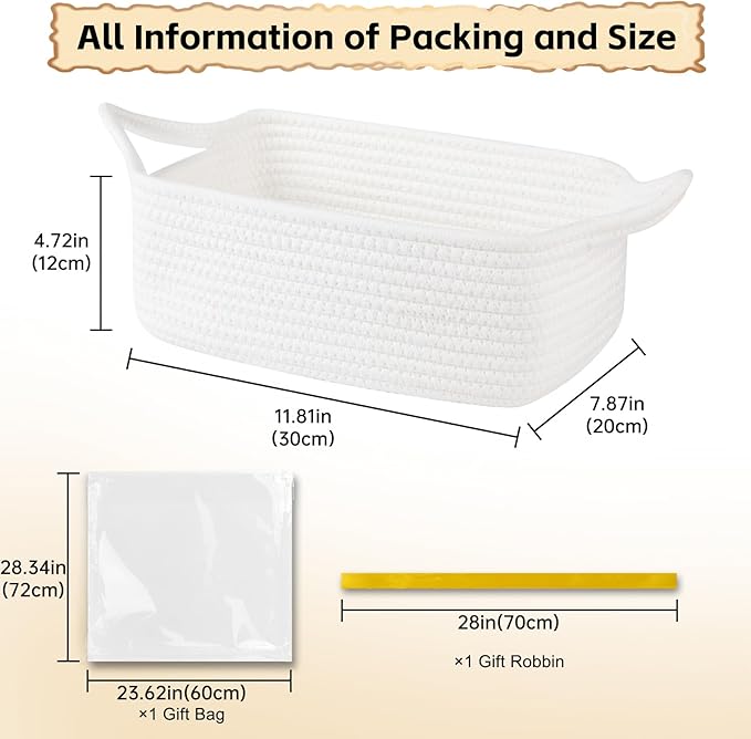 OIAHOMY 7L Woven Basket with Gift Bags and Ribbons, Gift Basket Empty for Baby Showers Birthday, Nursery Bin with Handles for Baby Room Living Room, Pet Toy Bins for Toy Organizer - White