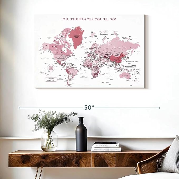 ElephantStock - Places You'll Go Push Pin World Map Wall Art - Horizontal Canvas Wall Art - Living Room Wall Decor - Digital Art Map Canvas Art - White And Pink Decor - 39" x 26"