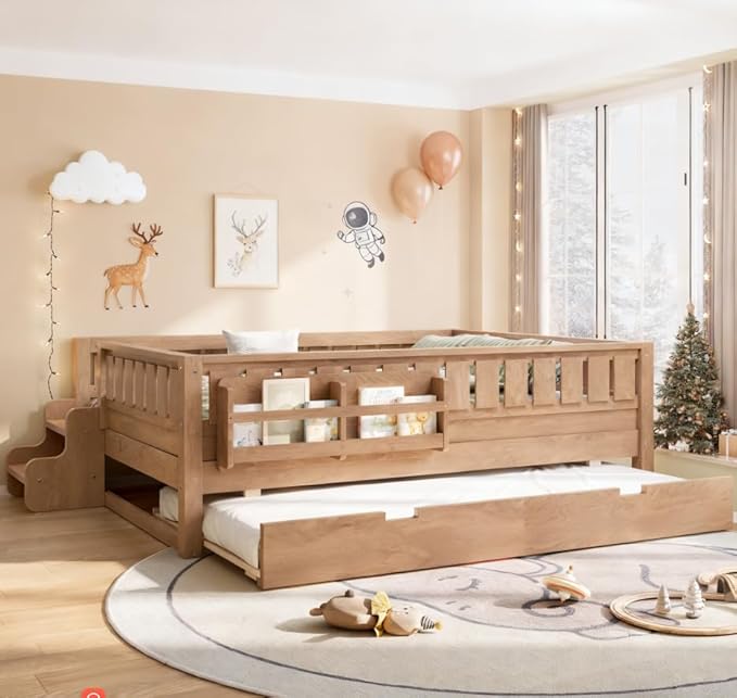 Bellemave Full Size Kids Bed with high Rails and with Built-in Bookshelf and Trundle for Kids, Girls, Boys, Wood Montessori Bed Without Door, Natural