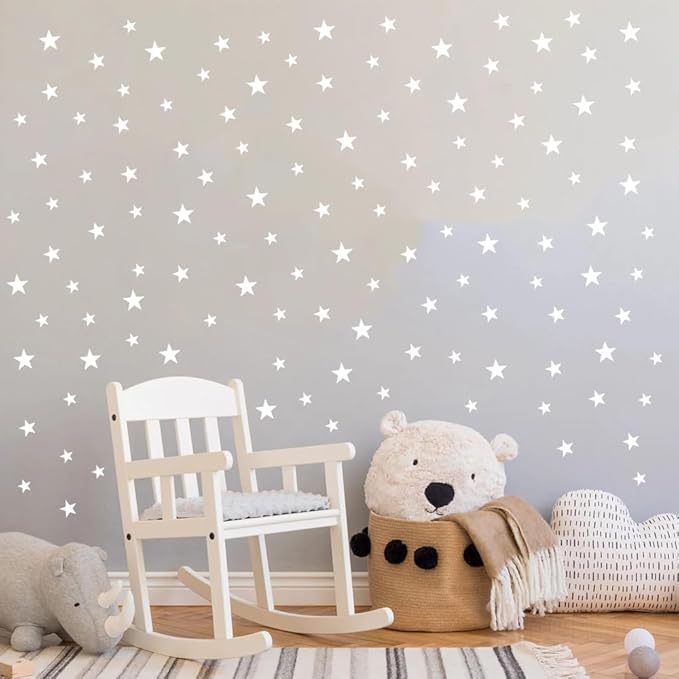 Wall Decals White Stars for Kids Room, 3-4-5centimeter Mix 112 Pcs, Easy to Peel Easy to Stick, Safe On Walls and Paint, Vinyl Decor by Bugybagy. (Matte White)