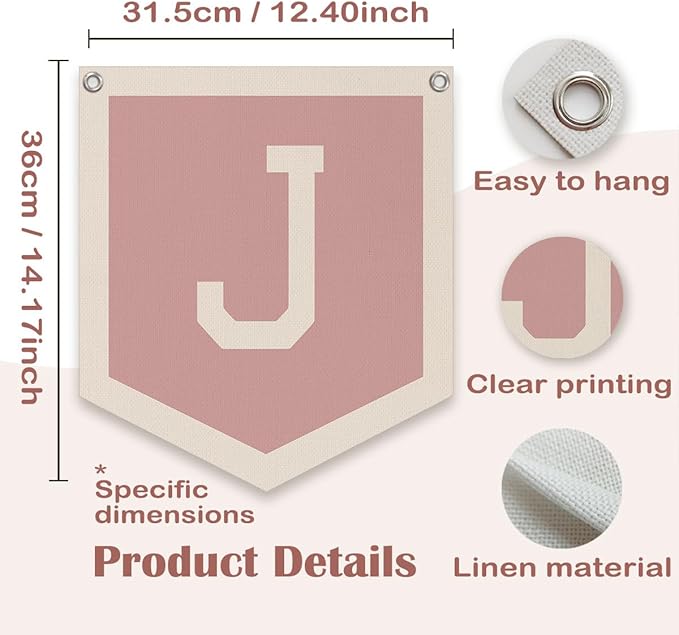 Lacama Pink Initial Personalized Preppy Banner, Baby Shower Decor Gifts, Wall Decor for Women Teen Girl, Vintage Room Decor Toddler Room Bedroom Playroom Front Door Birthday Gift(J)