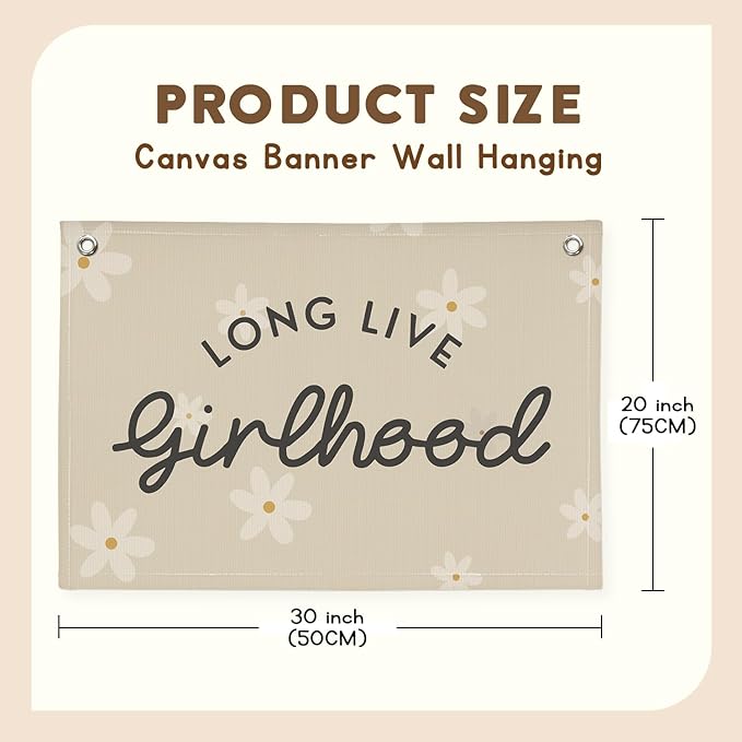 Boho Girls Room Decor，Long Live Girlhood Linen Banner Hanging Flag Flower Daisy Banner for Nursery Playroom Wall Decor Kids Bedroom Dorm Toddler Decorations Trendy Room 30x20 girlroom