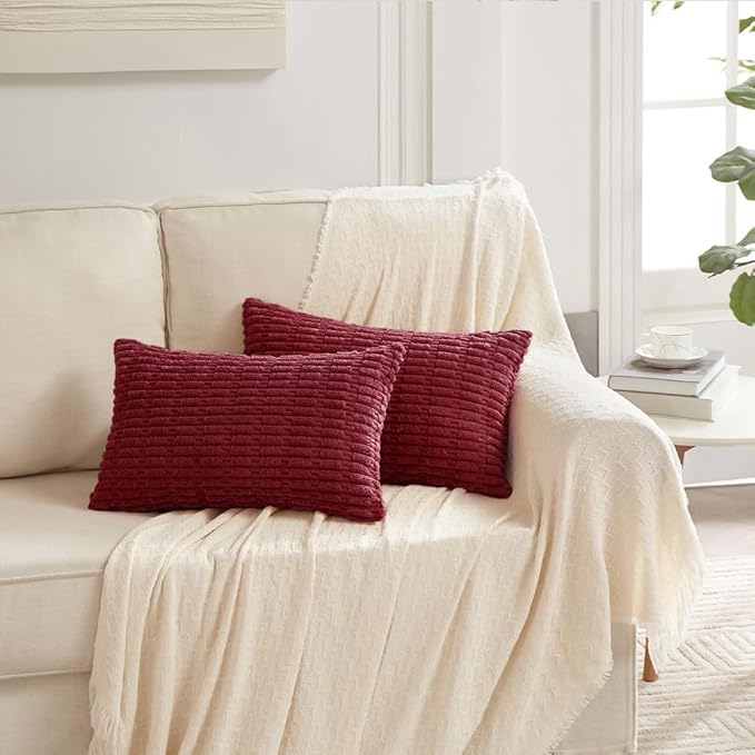 Fancy Homi 2 Packs Wine Red Christmas Lumbar Decorative Throw Pillow Covers 12x20 Inch for Living Room Couch Bedroom, Farmhouse Boho Home Decor, Soft Corduroy Burgundy Rectangle Cushion Case 30x50 cm