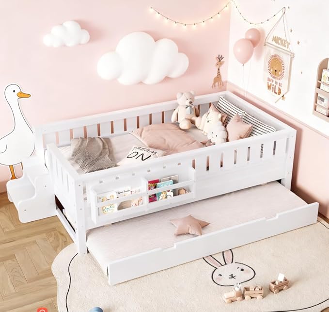 Bellemave Twin Size Kids Bed with high Rails and with Built-in Bookshelf and Trundle for Kids, Girls, Boys, Wood Montessori Bed Without Door, White