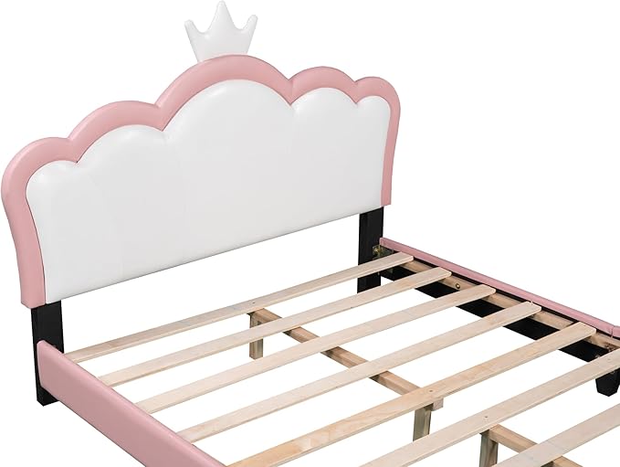 CITYLIGHT Full Size Princess Bed for Girls, PU Upholstered Platform Bed with Crown Headboard, Cute Beds Full Bed Frame for Kids, Pink+White