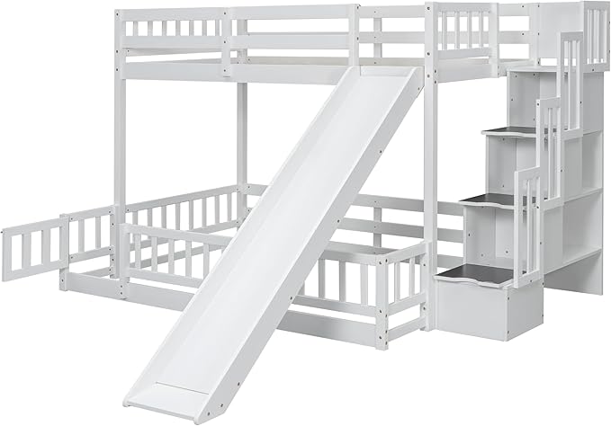 Twin Over Full Bunk Bed with Slide, Solid Wood Bunk Bed with Safety Guardrails and Storage Staircase for Kids Teens Boys Girls Bedroom, Space Saving Design (White-30c)