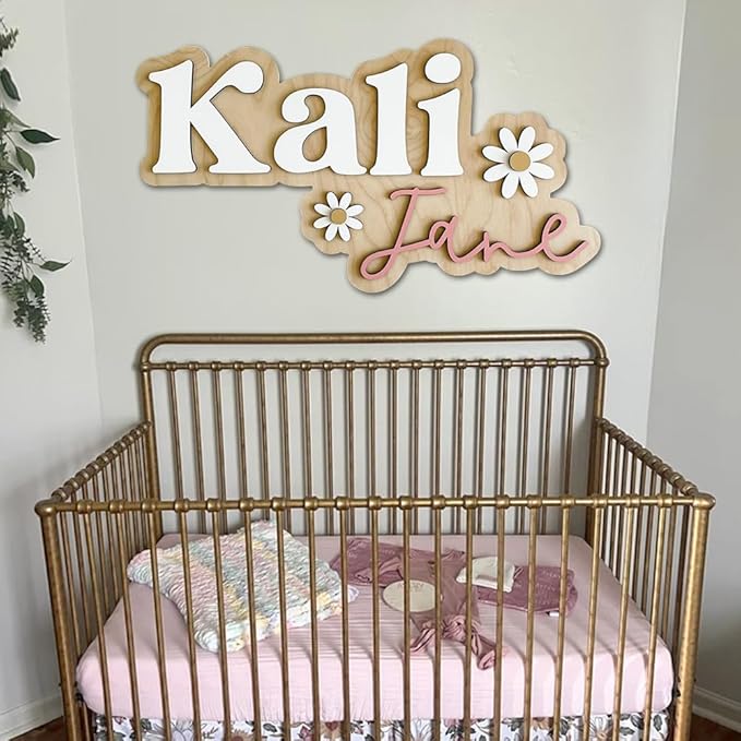 Personalized Wooden Nursery Name Sign, Custom Baby Room Wall Decor with Daisy Flowers, Kids Bedroom Name Plaque, Playroom or Newborn Gift, Keepsake Gift Sign for Boys & Girls