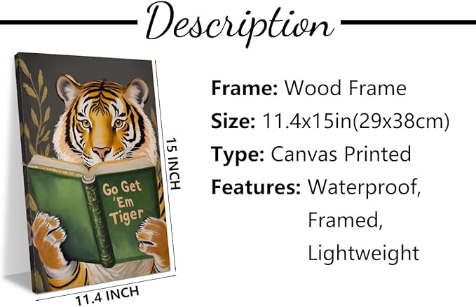 Motivational Tiger Reading Book Lovers Gifts Bookish Gifts Wall Decor Canvas Wall Art Framed Prints Artwork for Home Living Room Library Office Humorous Study Decorations Painting 11.5X14.5 Inch
