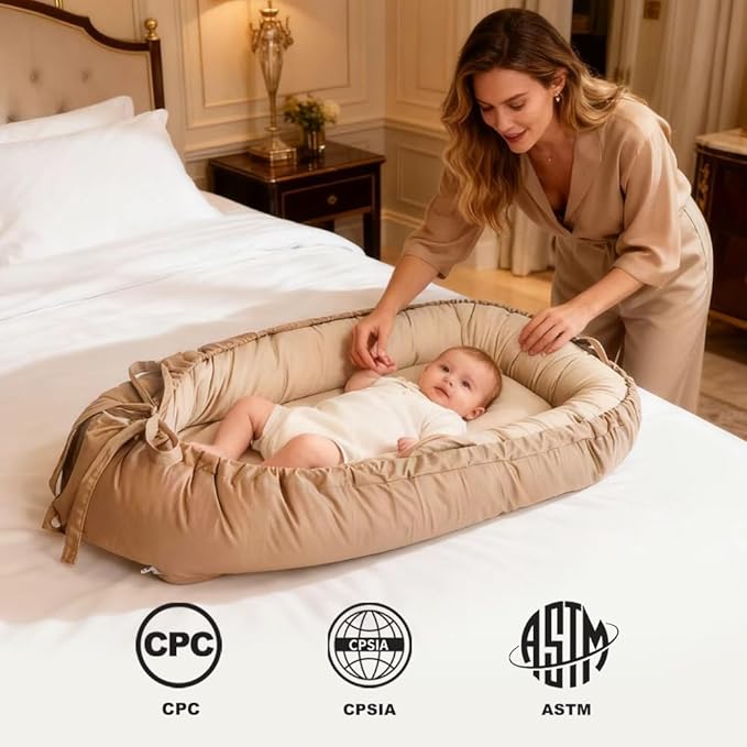 Baby Lounger, Baby Nest Cover for Baby, Reversible & Breathable Cotton, Adjustable Baby Floor Seat for Tummy Time, Portable Infant Lounger, Essentials for Newborns (Beige)