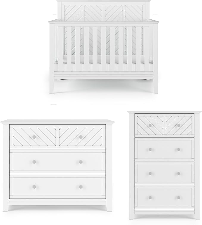 Child Craft Atwood Crib, Dresser and Chest Nursery Set, 3-Piece, Includes 4-in-1 Convertible Crib, Dresser and Chest, Grows with Your Baby (Matte White)