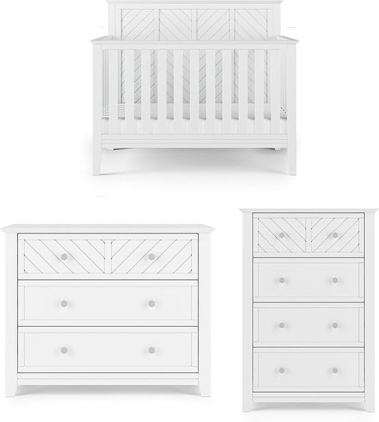 Child Craft Atwood Crib, Dresser and Chest Nursery Set, 3-Piece, Includes 4-in-1 Convertible Crib, Dresser and Chest, Grows with Your Baby (Matte White)