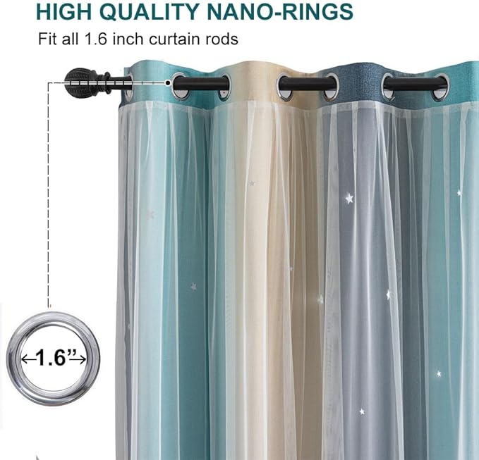 Star Girl and Kids Curtains for Bedroom Rainbow Ombre Double Layer Cute Shot Nursery Darkening Grommet Princess Room Décor 2 Panels Living Room Window Curtain (Blue Yellow52W x 72L