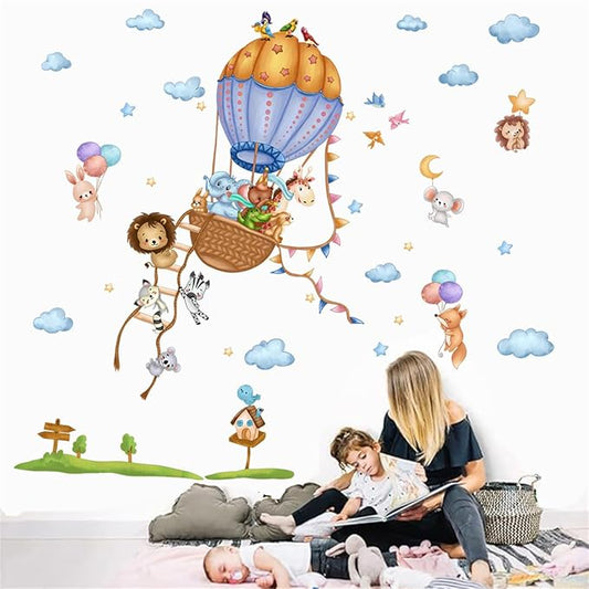 Cute Animals Hot Air Balloons Wall Decals Clouds Stars Stickers Peel and Stick Kids Room décor Girls Bedroom Nursery Classroom Playroom Decorations