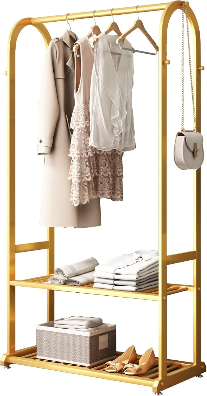 Gold clothing rack,Heavy duty clothes rack with bottom shelves and 6 side hooks,Wardrobe rack for bedroom,Metal garment rack for hanging clothes,Coats,Shirts(L:31.5in)