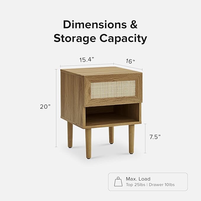 mopio Haylee Rattan Side Table, Small Accent Tables for Living Room, Mid Century Modern Night Stand, Bedside Tables, Wood Nightstands for Bedroom (Oak, Single)