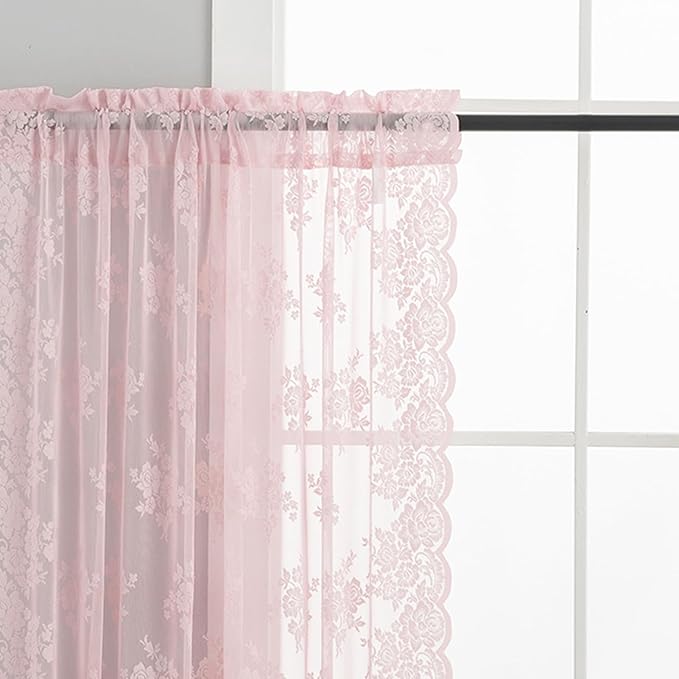 Pink Short Lace Curtains 36 Inch Length, 2 Panels, W42 x L36 Inch Each, Country Rustic Floral Short Sheer Curtains for Kitchen Window Over Sink, Rod Pocket Privacy Light Filtering Small Cafe Curtains