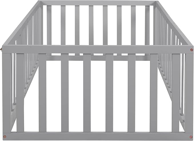 Merax Twin Floor Bed with Safety Guardrails and Door, Wood Montessori Floor Bed Frame for Kids, Twin Playhouse Bed Frame for Baby Girls and Boys, Grey