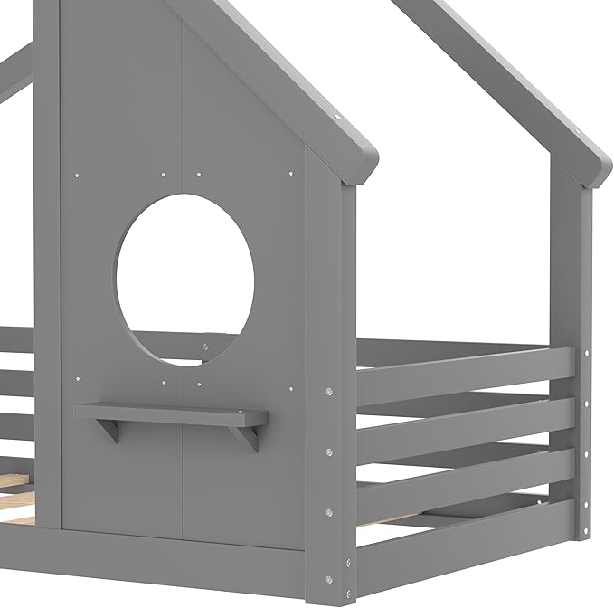 Polibi Twin Size House Floor Bed with Window and a Small Shelf, Solid Wood Low Profile Floor Bed for Kids, No Box Spring Needed, Grey
