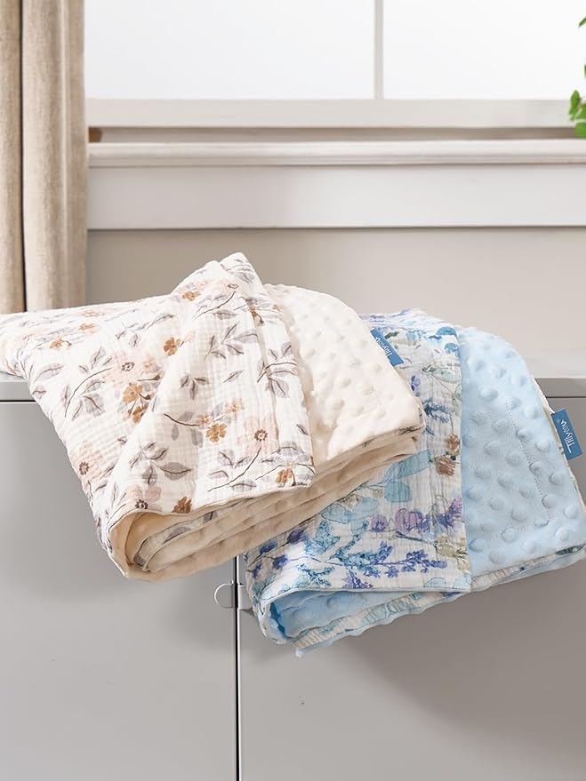 TILLYOU Baby Blankets for Girls Boys, Receiving Baby Blanket with Double Layer Soft Plush, Minky Muslin Cotton Front and Dotted Backing 30"x40", Yellow Flower
