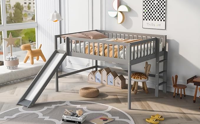 Full Size Low Loft Bed Frame for Boys Girls Kids Adults Toddler for Boys Girls Kids Adults Toddler with Ladder and Slide,Gray