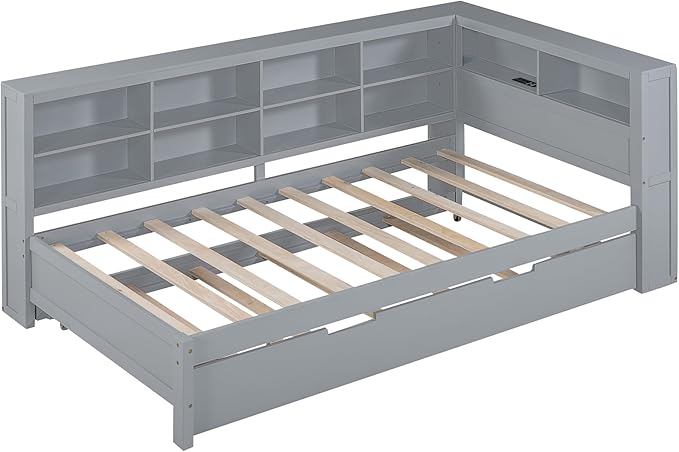 Harper & Bright Designs Twin Size Daybed with Trundle and Charging Station, Wooden Twin Storage Bed Frame with L-Shaped Bookcases, Twin Platform Bed with Shelves for Kids Girls Boys, Gray