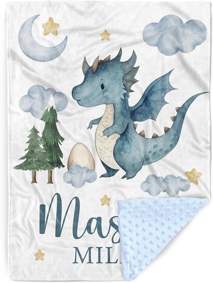 Personalized Baby Blankets for Boys Girls, Custom Name Blue Dinosaur Baby Blanket, Soft Receiving Blanket for Newborns and Toddlers, Ideal for Baby Showers and Nursery Decor