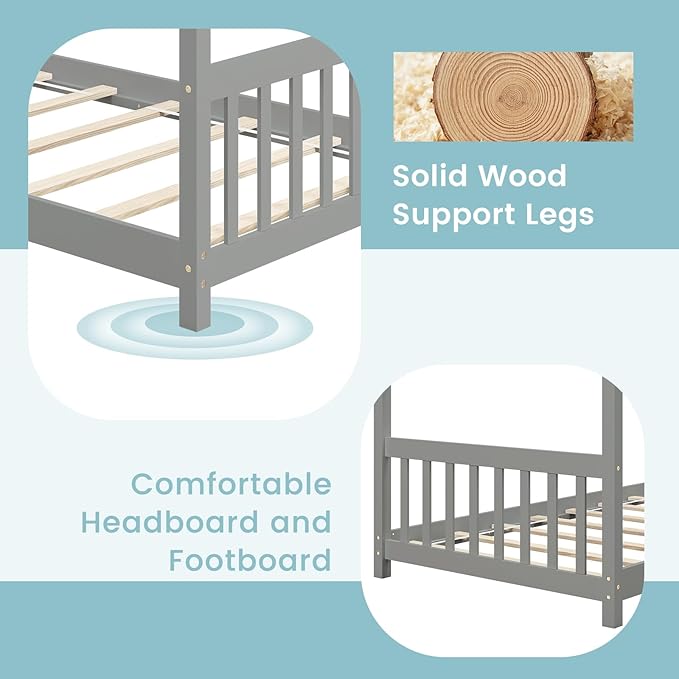 Giantex House Bed Twin, Solid Wood Kids House Bed with Roof, Headboard and Footboard, Low Floor Twin Bed Frame for Toddlers Teens Girls Boys, No Box Spring Needed, Grey
